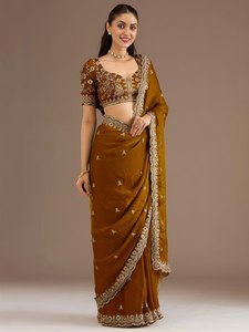 Mustard Velvet Embroidered Saree Beaded Border Blouse Pavadai Traditional Women Wedding Party <b>Dress</b> - Product Image 2
