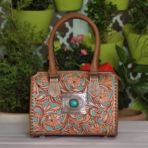 100% Genuine Leather Luxury Durable Lightweight Mini Speedy Duffle Travel Bag Hand Tooled Florals Carved Single Turquoise Stone - Product Image 1