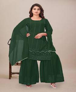 NUEVA COLECCIÓN: Conjunto de Top y Sharara con Lentejuelas y Dupatta, Ropa Festiva, Precio al por Mayor, Prenda Étnica, Tejido de Algodón Verde - Product Image 1