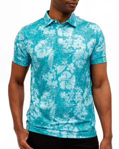 Polo de Manga Corta con Estampado Floral Turquesa para Hombre, Casual, Transpirable, Tejido, Corte Regular, Cierre de Botones - Product Image 1