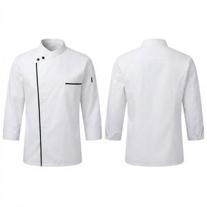 <b>Men</b> Chef Jacket Premium Cotton Polyester Twill 200 GSM White <b>Long</b> Sleeve Stand Collar <b>Black</b> Trim Custom Logo Chef <b>Coat</b> Workwear - Product Image 1