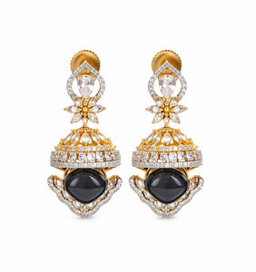Boucles d'oreilles pendantes vintage en alliage de zinc plaqué or, perle naturelle, pierre d'onyx, accents de diamants, bijoux de mariage pour femmes, design en forme de cloche - Product Image 4