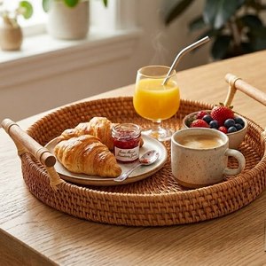 Decorative Round Rattan Tray with Handles Handmade Woven Storage <b>Basket</b> for Coffee <b>Table</b> and Home Uses - Product Image 2