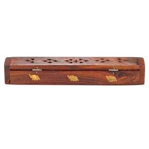 Santarms Wooden Agarbatti Stand Handmade <b>Incense</b> Holder <b>Box</b> with Brass Elephant Inlay & Ash Catcher Lid for Home Temple Office - Product Image 2