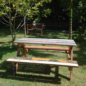 Table de pique-nique avec chaises, en bois de bateau recyclé, couleur naturelle, pour extérieur, jardin, parc, maison, mobilier démontable - Product Image 4