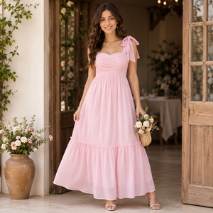 Robe longue élégante rose avec bretelles à nœud papillon pour femmes |   Robe longue d'été sans manches froncée coupe trapèze pour soirée, mariage ou invitée - Product Image 2