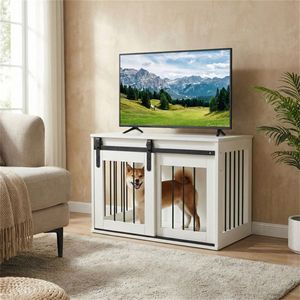 31.5\" White Wooden <b>Dog</b> Crate Furniture with Sliding Barn Door Indoor Kennel End <b>Table</b> for Pets - Product Image 2
