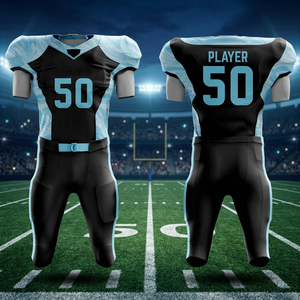 Ensemble d'uniformes de football américain personnalisables par sublimation, avec un motif noir et bleu clair et le numéro 50 - Product Image 6