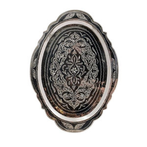 Plateau de service ovale en métal argenté fait main marocain, plat décoratif traditionnel du Moyen-Orient pour thé et café, décoration de table, prix bas - Product Image 1