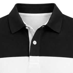 Black White Contrast Stripe Polo <b>Shirt</b> Short Sleeve Color Block <b>Collared</b> Button Front Golf Uniform Top with Crest Patch for <b>Men</b> - Product Image 2