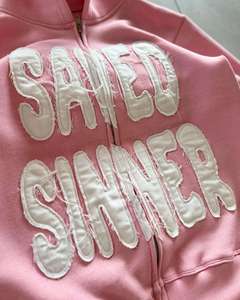 Sweat-shirt à capuche rose zippé avec lettrage appliqué 'Saved Sinner', unisexe, en molleton décontracté, coupe oversize, pour l'automne - Product Image 2