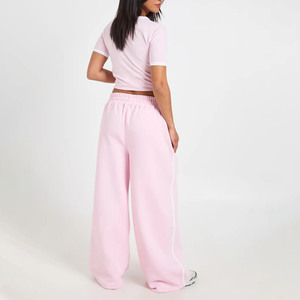 Custom Women's <b>Pink</b> Cotton Two Piece Set Casual Loose Fit <b>Tracksuit</b> With Pocket Full Length Pants And Short Sleeve Top Crew Neck - Product Image 2