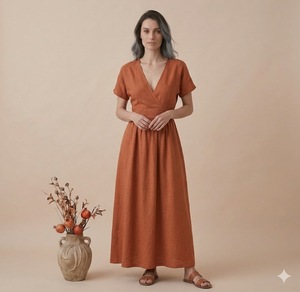 Vestido Maxi de Algodón de Corte Recto con Cuello en V y Mangas Cortas, Diseño Liso, Bolsillos Utilitarios, Largo hasta el Suelo, Holgado, Casual, para Uso Diario de Mujer - Product Image 1