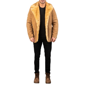 <b>Men's</b> Brown Genuine Leather <b>Shearling</b> Coat Fur Lined Lapel Open Front Thick <b>Jacket</b> - Product Image 1