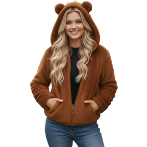 Women Brown Fleece Hooded Jacket With Bear Ears Zipper Closure Kangaroo Pockets Winter Warm Coat sherpa <b>fur</b> faux snow wear - Product Image 1