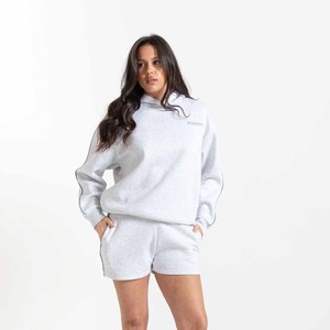TWIN CITY Ensemble short 2 pièces pour femme, haut court à capuche en polaire, rayures latérales, coupe ample, décontracté, toutes saisons, 100% coton - Product Image 1