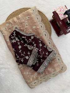 Sari en tulle brodé lourd beige champagne traditionnel avec chemisier de créateur, séchage rapide, idéal pour l'hiver/toutes occasions, pour mariage, Diwali, soirée - Product Image 5