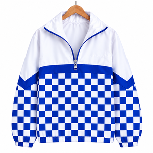 Chaqueta Cortavientos para Hombre con Cierre de Cremallera de un Cuarto, Cuello Alto, Diseño a Cuadros Azul y Blanco, Estilo Deportivo, Resistente al Viento - Product Image 1