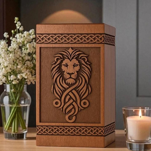 Urna Funeraria Artesanal de Madera de Palisandro: Silueta Celta de León, Recuerdo Conmemorativo Personalizado por AYAANS - Product Image 1