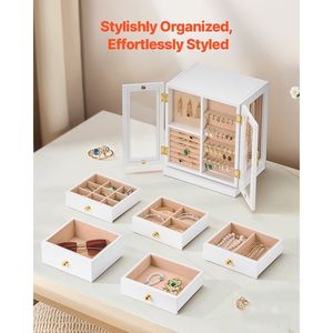 Boîte à bijoux rotative blanche à 360 degrés 5 tiroirs spacieux Organisateur de bijoux - Product Image 6