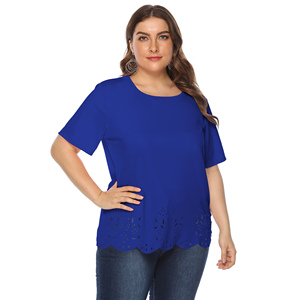 T-shirt décontracté pour femme grande taille à manches courtes, col rond, coupe ample, tricoté, couleur unie, ourlet en dentelle, toutes saisons - Product Image 3