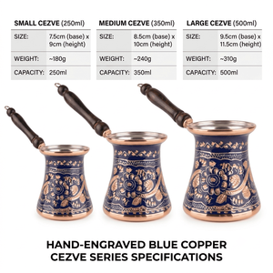 Cezve en cuivre émaillé bleu foncé, cafetière turque, ibrik arabe, briki grec, chauffe-lait pour cuisinière avec poignée en bois tourné - Product Image 5