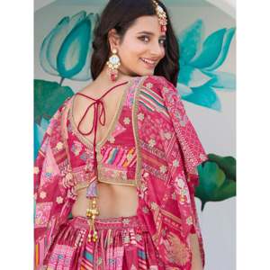 Lehenga Choli de Boda Bordado con Hilo Chinon Rosa, con Volantes y Perlas - Product Image 4