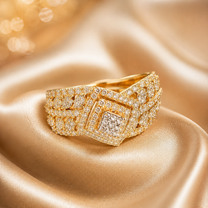 Royal 14K Gold Statement <b>Ring</b> with Square <b>CZ</b> Center and Luxury Wedding Party Wear Jewelry - Product Image 1