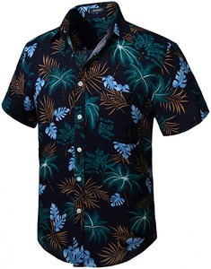 Chemise décontractée pour homme à col montant, manches courtes, imprimé feuilles tropicales hawaïennes, en sergé, noir et vert, respirante, écologique, pour l'hiver - Product Image 3