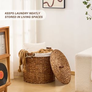 Cesto de Ropa Redondo de 145L, Tejido con Jacinto de Agua Natural, con Tapa, Elegante Cesta de Mimbre para Ropa - Product Image 5