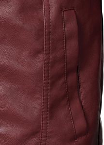 Men's <b>Wine</b> Red Burgundy Maroon PU Faux Leather Trucker Jacket Pointed Lapel Collar Dual Chest Flap Snap Pocket Center - Product Image 5