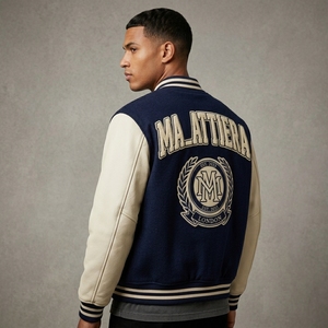 <b>Men</b> Navy Blue Letterman Jacket Wool Body <b>Leather</b> Sleeves Embroidered <b>Bomber</b> Jacket Custom OEM ODM Wholesale - Product Image 4