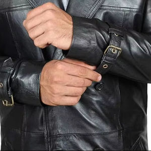 Manteau long pour homme en laine véritable avec manches en cuir, style universitaire, avec fausse fourrure - Product Image 1