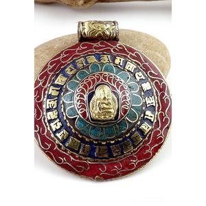 Pendentifs unisexes ronds en turquoise plaqué argent tibétain, signes bouddhistes porte-bonheur - Product Image 3