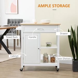 Modern White Rolling Kitchen Island Solid Wood with Adjustable <b>Open</b> Shelf <b>Storage</b> Drawer and MDF Particle Board Panels - Product Image 4