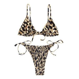 Conjunto de Bikini con Estampado de Leopardo para Mujer, Top Triangular, Braguita Tipo Tanga, Estampado Digital, Spandex, Poliéster, Traje de Baño Elástico - Product Image 1
