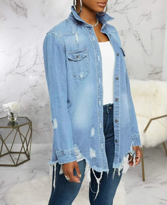 Veste en jean noire élégante pour femme, motif 3D, enduite, avec poches en jean, fermeture boutonnée, décontractée pour toutes les saisons - Service OEM - Product Image 4