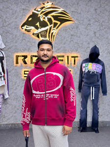 Sweat à capuche rose oversize zippé pour homme, style streetwear, en molleton avec logo imprimé sur le devant, style automne - Product Image 1