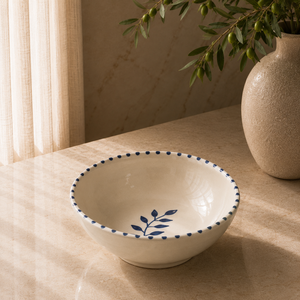 Elegant Ceramic <b>Pasta</b> Bowl with Minimal Blue Botanical Detailing Smooth Fired Finish and Versatile Dining Depth - Product Image 1