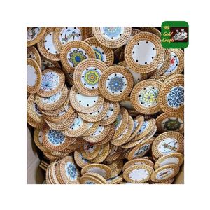 BOHEMIN VINTAGE STYLE RATTAN <b>COASTER</b> WITH <b>CERAMIC</b> AND MOTHER OF PEARL INLAY MATS AND PADS FROM VIETNAM HANDICRAFTS - Product Image 6