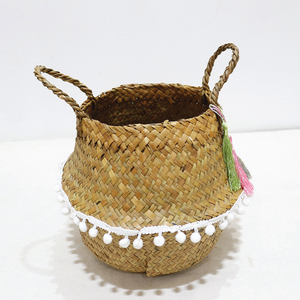 Natural Palm Leaf Storage <b>Basket</b> Handles Bowl Shape Rustic Style Multi-Purpose Decorative Tassels <b>White</b> Pom Pom Trim Precision - Product Image 2
