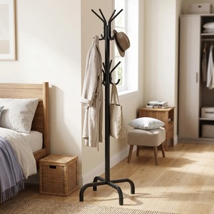 Perchero de pie con ganchos para almacenamiento en la entrada, diseño minimalista, metal negro, forma de U, de un solo nivel - Product Image 3