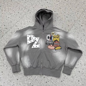 <b>Drop</b> Shoulder Heavy Weight Solid Pattern Crocheted Boxy <b>Acid</b> Wash Streetwear Hoodie Full Zip Printed Unisex Winter - Product Image 1