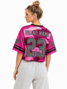 Camiseta deportiva de fútbol americano de malla con estampado de camuflaje personalizado ODM para mujer, con pedrería, corta, al por mayor, la más vendida - Product Image 2