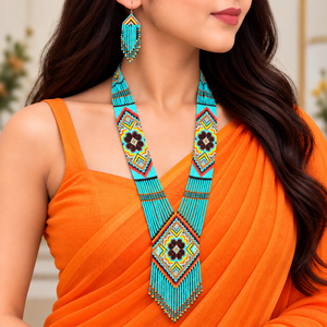Ethnic Turquoise Beaded Fine <b>Bridal</b> <b>Necklace</b> <b>and</b> <b>Earrings</b> <b>Set</b> for Women Geometric Jewelry - Product Image 1