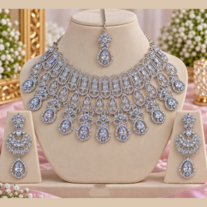 JeweleMarket Women's <b>Silver</b> Plated Crystal Rhinestone Ethnic Wedding Engagement Anniversary Party Gift <b>Necklace</b> <b>Earring</b> <b>Set</b> - Product Image 6