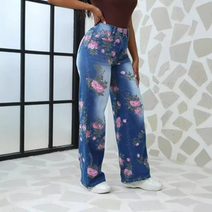 Autumn European Floral Printed Women's Denim Pants Large Size Wide Leg High Waist Casual Streetwear Style for Winter Summer - Product Image 2