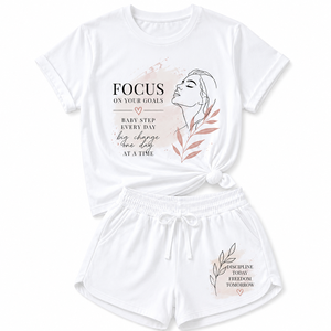 Ensemble décontracté d'été pour femme : T-shirt blanc en coton imprimé et short tricoté respirant à manches courtes avec motif lettres inspirantes - Product Image 5