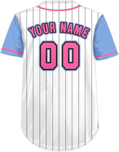 Custom Baseball Jersey <b>White</b> Blue Orange Striped Sublimated Print Breathable 100% Polyester Men's Short Sleeve <b>Button</b> Front - Product Image 6