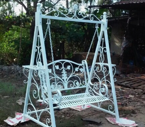 Ornate Wrought Iron Swing - Antique Metal Hanging <b>Bench</b> <b>Seat</b> with Adjustable Chains for Elegant Outdoor Garden & Patio Decor - Product Image 3